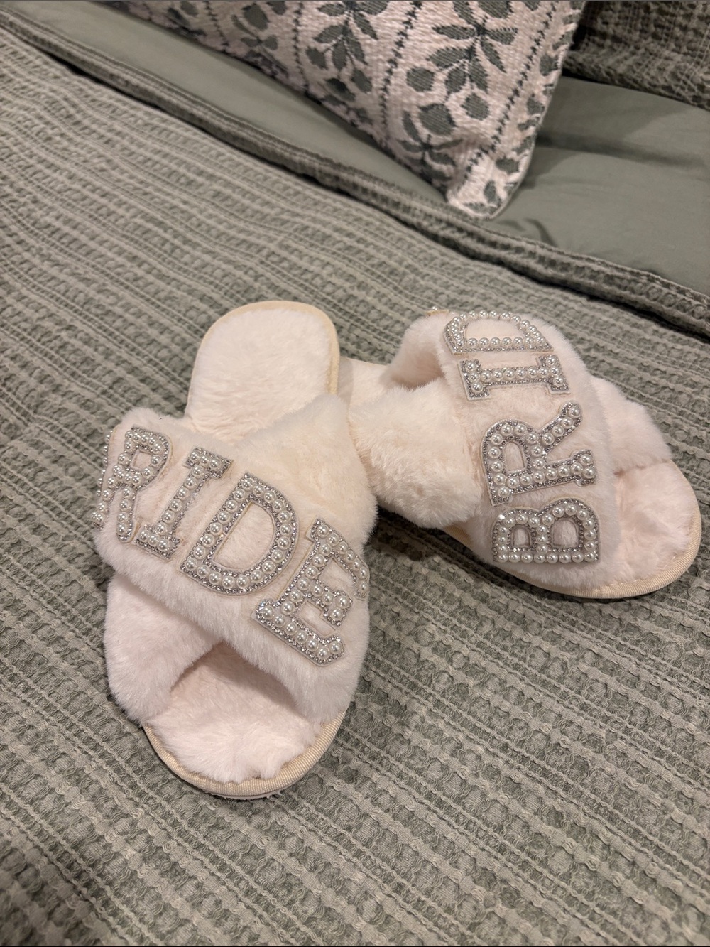 Plush Cross-Band bride Slippers with Sparkle Lettering - White